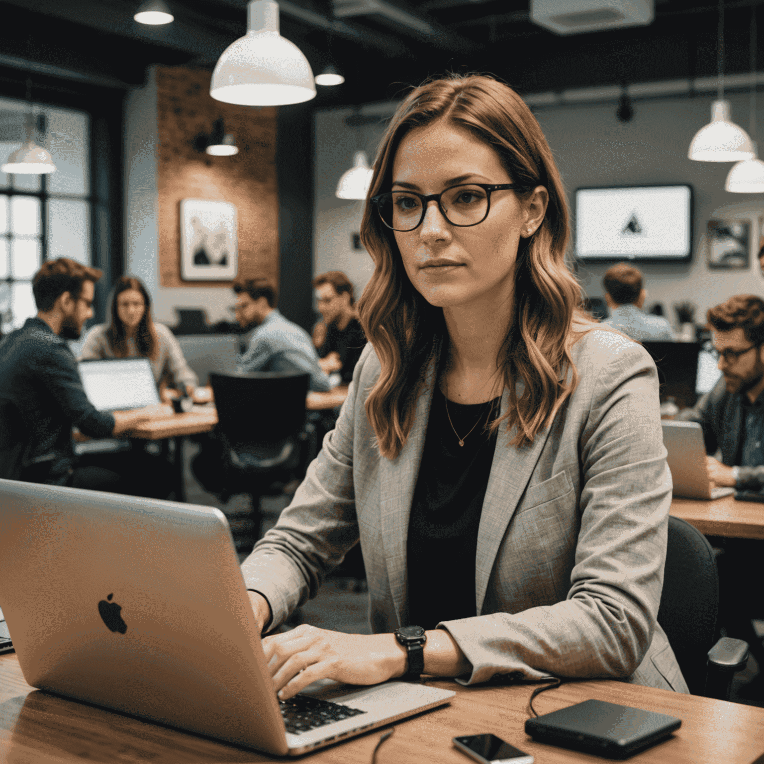 Foto von Sarah Klein, die in einem Coworking-Space an einem Laptop arbeitet, umgeben von anderen IT-Profis