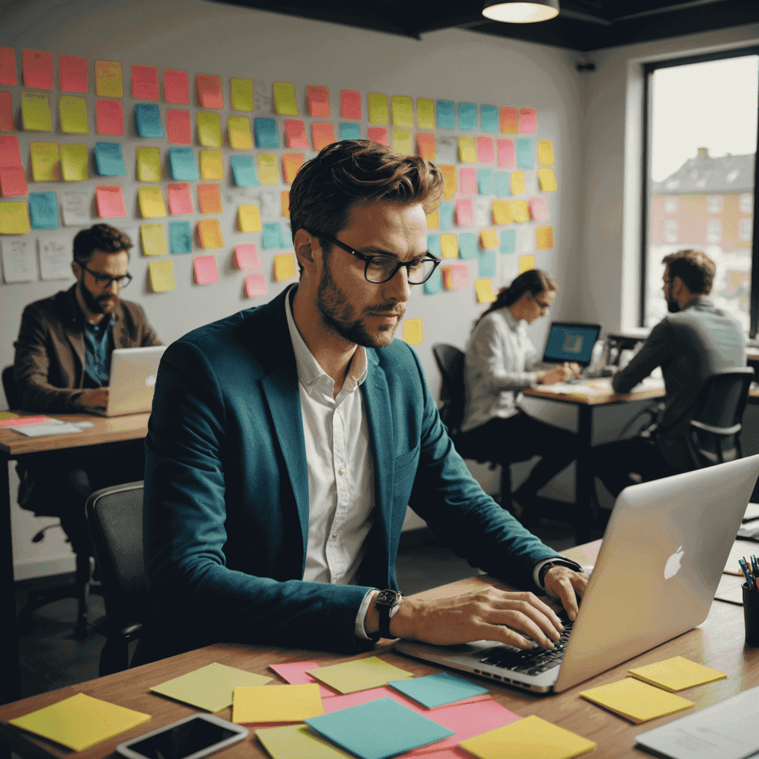 Bild von Felix Hoffmann, der in einem Start-up-Büro an einem Laptop arbeitet, umgeben von Post-its und Teamkollegen